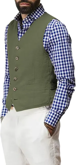 Linen Men's Vest Beach Wedding Waistcoat Summer Casual Suit Vests Groomsmen Dress Top