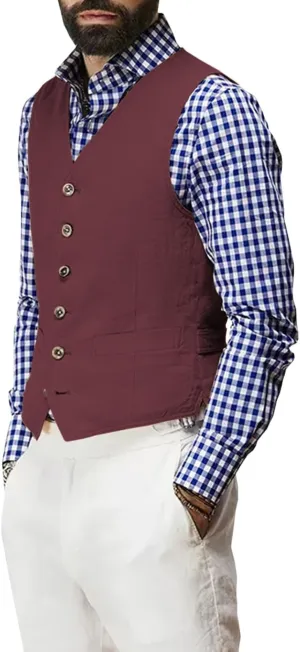 Linen Men's Vest Beach Wedding Waistcoat Summer Casual Suit Vests Groomsmen Dress Top