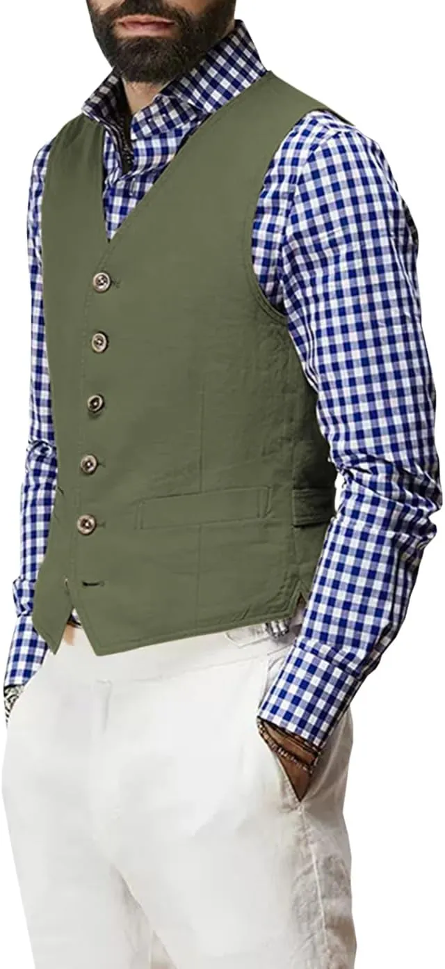 Linen Men's Vest Beach Wedding Waistcoat Summer Casual Suit Vests Groomsmen Dress Top