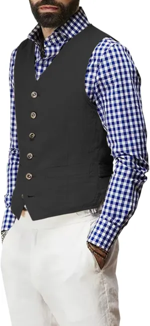 Linen Men's Vest Beach Wedding Waistcoat Summer Casual Suit Vests Groomsmen Dress Top