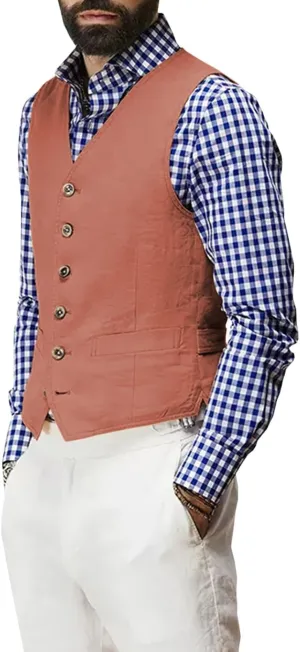 Linen Men's Vest Beach Wedding Waistcoat Summer Casual Suit Vests Groomsmen Dress Top