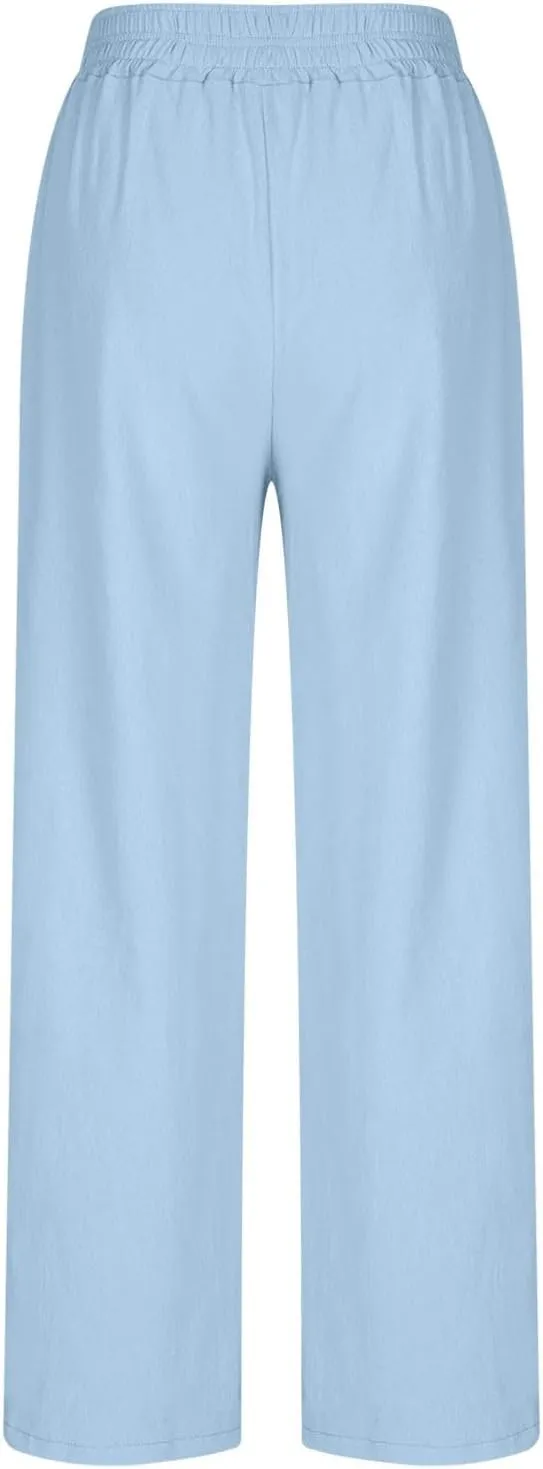 Linen Pants for Women Pleated Wide Leg Womens Lounge Pants Summer Flowy Beach Casual Loose Trousers with Pockets