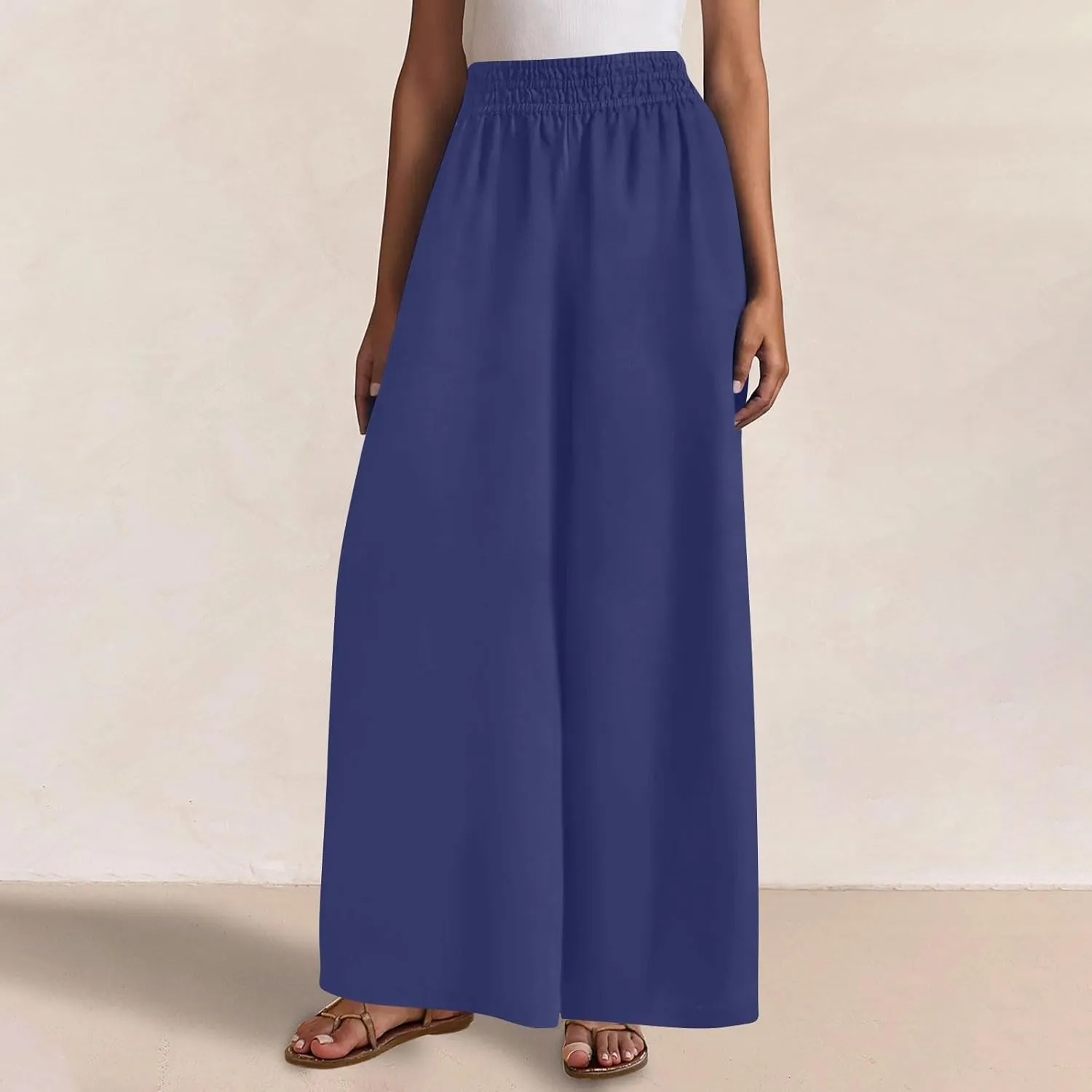 Linen Pants for Women Pleated Wide Leg Womens Lounge Pants Summer Flowy Beach Casual Loose Trousers with Pockets