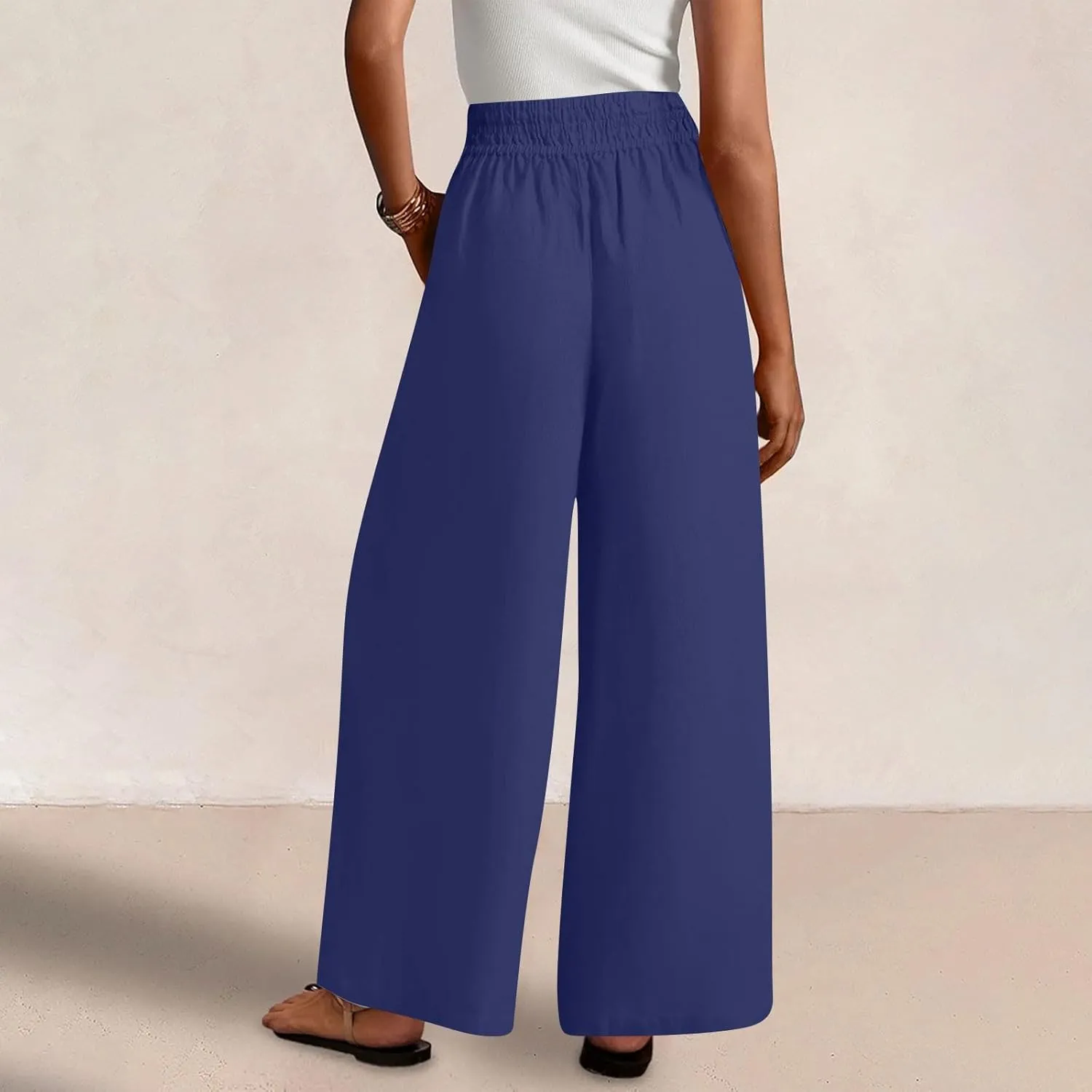 Linen Pants for Women Pleated Wide Leg Womens Lounge Pants Summer Flowy Beach Casual Loose Trousers with Pockets