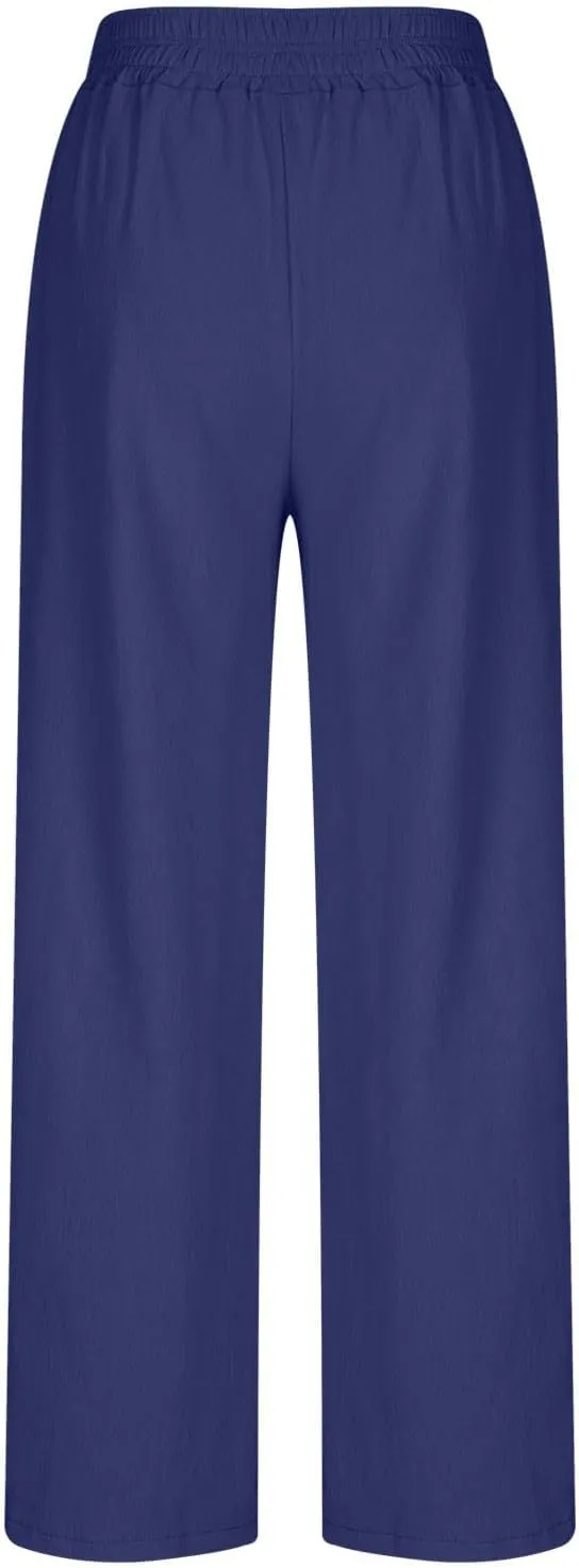 Linen Pants for Women Pleated Wide Leg Womens Lounge Pants Summer Flowy Beach Casual Loose Trousers with Pockets
