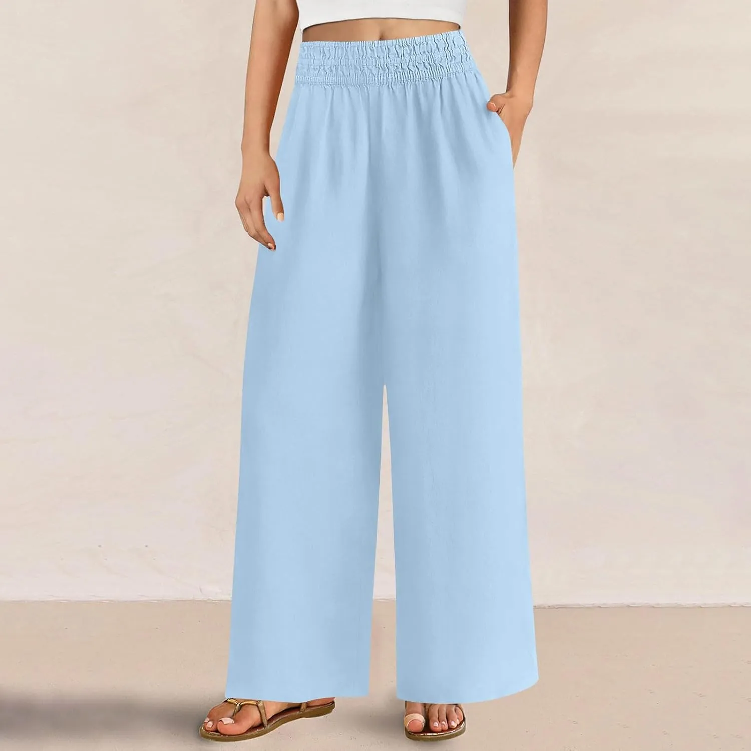 Linen Pants for Women Pleated Wide Leg Womens Lounge Pants Summer Flowy Beach Casual Loose Trousers with Pockets