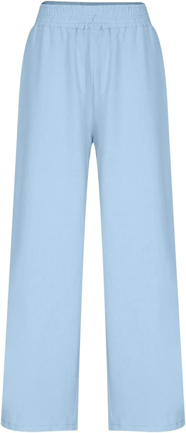 Linen Pants for Women Pleated Wide Leg Womens Lounge Pants Summer Flowy Beach Casual Loose Trousers with Pockets