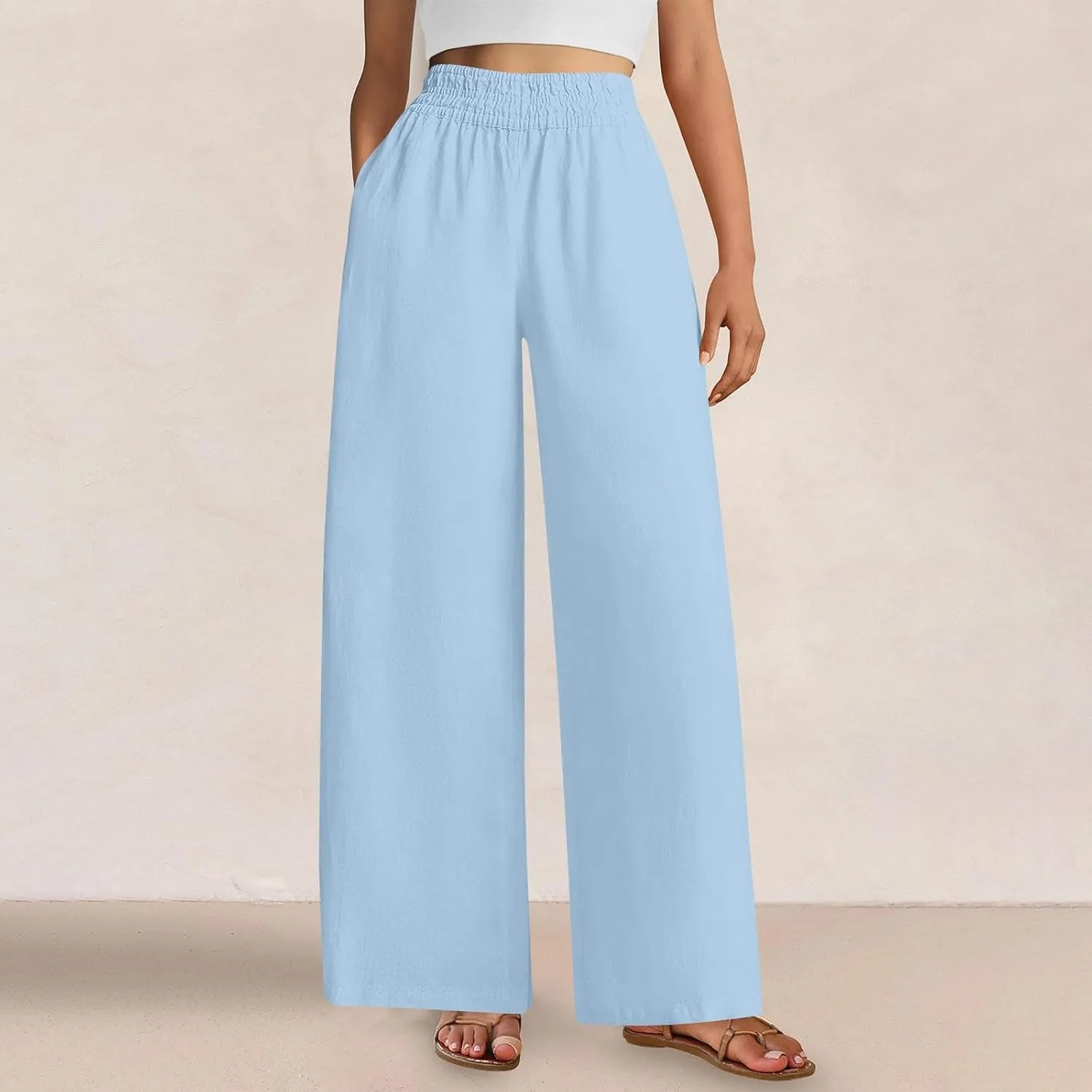 Linen Pants for Women Pleated Wide Leg Womens Lounge Pants Summer Flowy Beach Casual Loose Trousers with Pockets