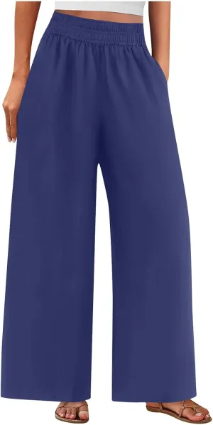 Linen Pants for Women Pleated Wide Leg Womens Lounge Pants Summer Flowy Beach Casual Loose Trousers with Pockets