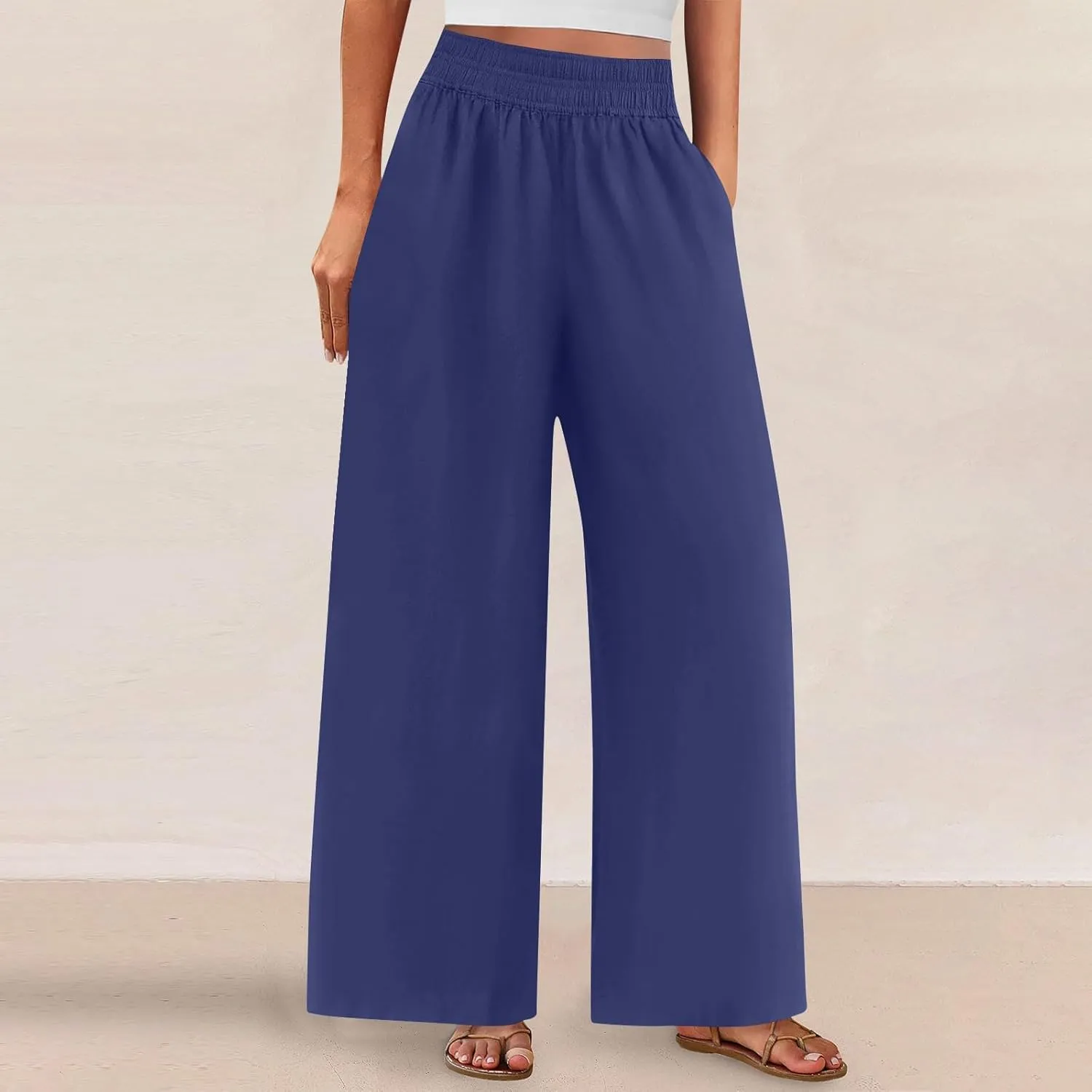 Linen Pants for Women Pleated Wide Leg Womens Lounge Pants Summer Flowy Beach Casual Loose Trousers with Pockets