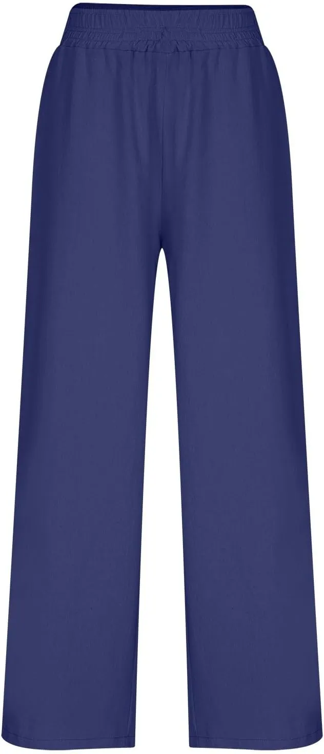 Linen Pants for Women Pleated Wide Leg Womens Lounge Pants Summer Flowy Beach Casual Loose Trousers with Pockets