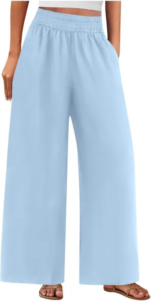 Linen Pants for Women Pleated Wide Leg Womens Lounge Pants Summer Flowy Beach Casual Loose Trousers with Pockets