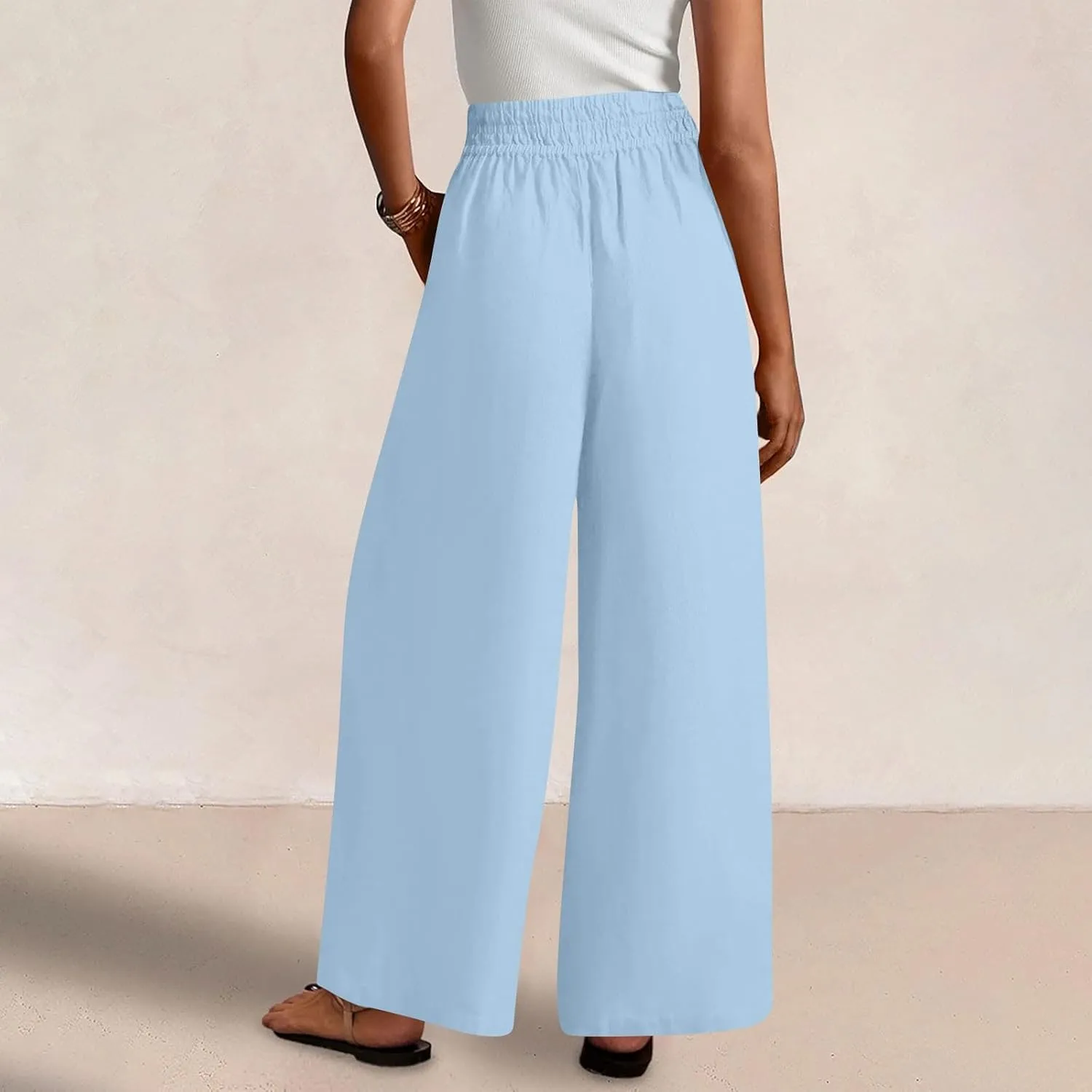 Linen Pants for Women Pleated Wide Leg Womens Lounge Pants Summer Flowy Beach Casual Loose Trousers with Pockets