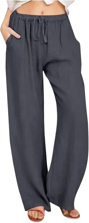Linen Pants Women's Summer Wide Leg Pants Drawstring Elastic Waist Pants High Waisted Lounge Pants Beach Trousers