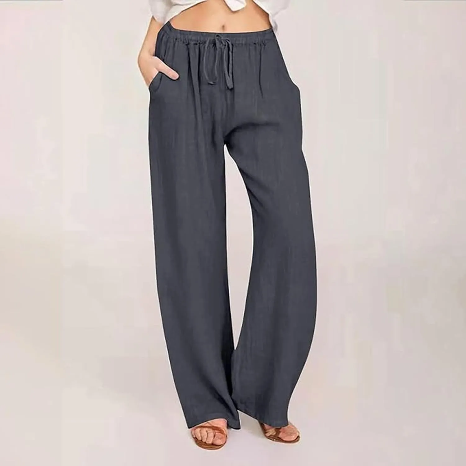 Linen Pants Women's Summer Wide Leg Pants Drawstring Elastic Waist Pants High Waisted Lounge Pants Beach Trousers