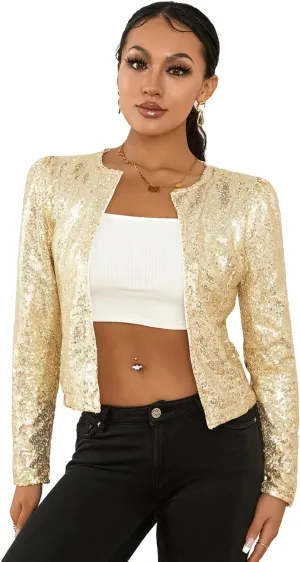 lisenraIn Women Sequin Jacket Lightweight Open Front Shiny Blazer Party Night Concert Long Sleeve Sparkly Cardigan Shrug
