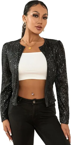 lisenraIn Women Sequin Jacket Lightweight Open Front Shiny Blazer Party Night Concert Long Sleeve Sparkly Cardigan Shrug