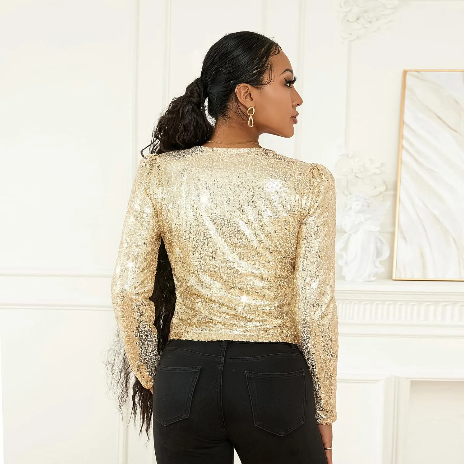 lisenraIn Women Sequin Jacket Lightweight Open Front Shiny Blazer Party Night Concert Long Sleeve Sparkly Cardigan Shrug