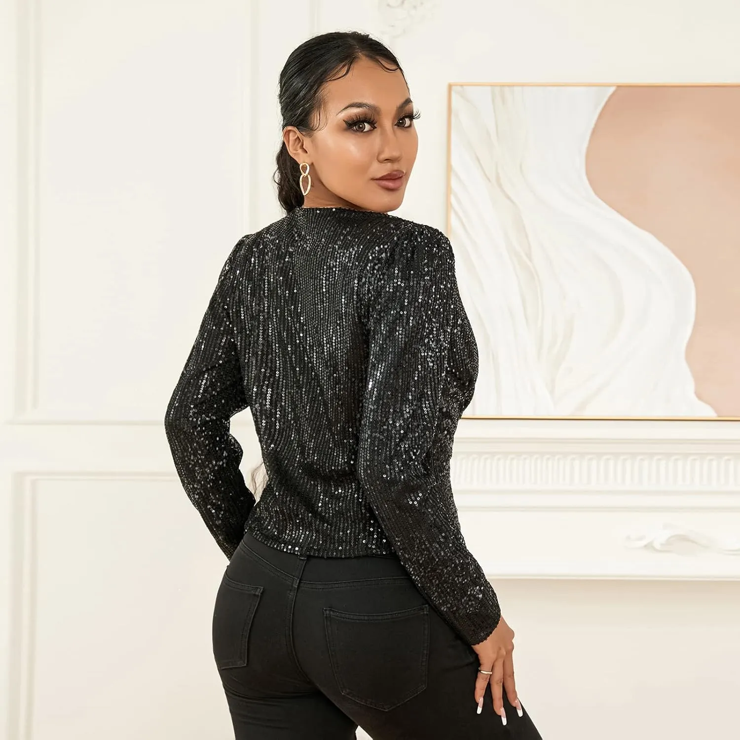 lisenraIn Women Sequin Jacket Lightweight Open Front Shiny Blazer Party Night Concert Long Sleeve Sparkly Cardigan Shrug