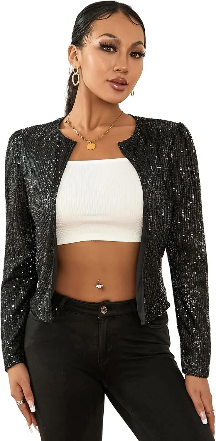 lisenraIn Women Sequin Jacket Lightweight Open Front Shiny Blazer Party Night Concert Long Sleeve Sparkly Cardigan Shrug