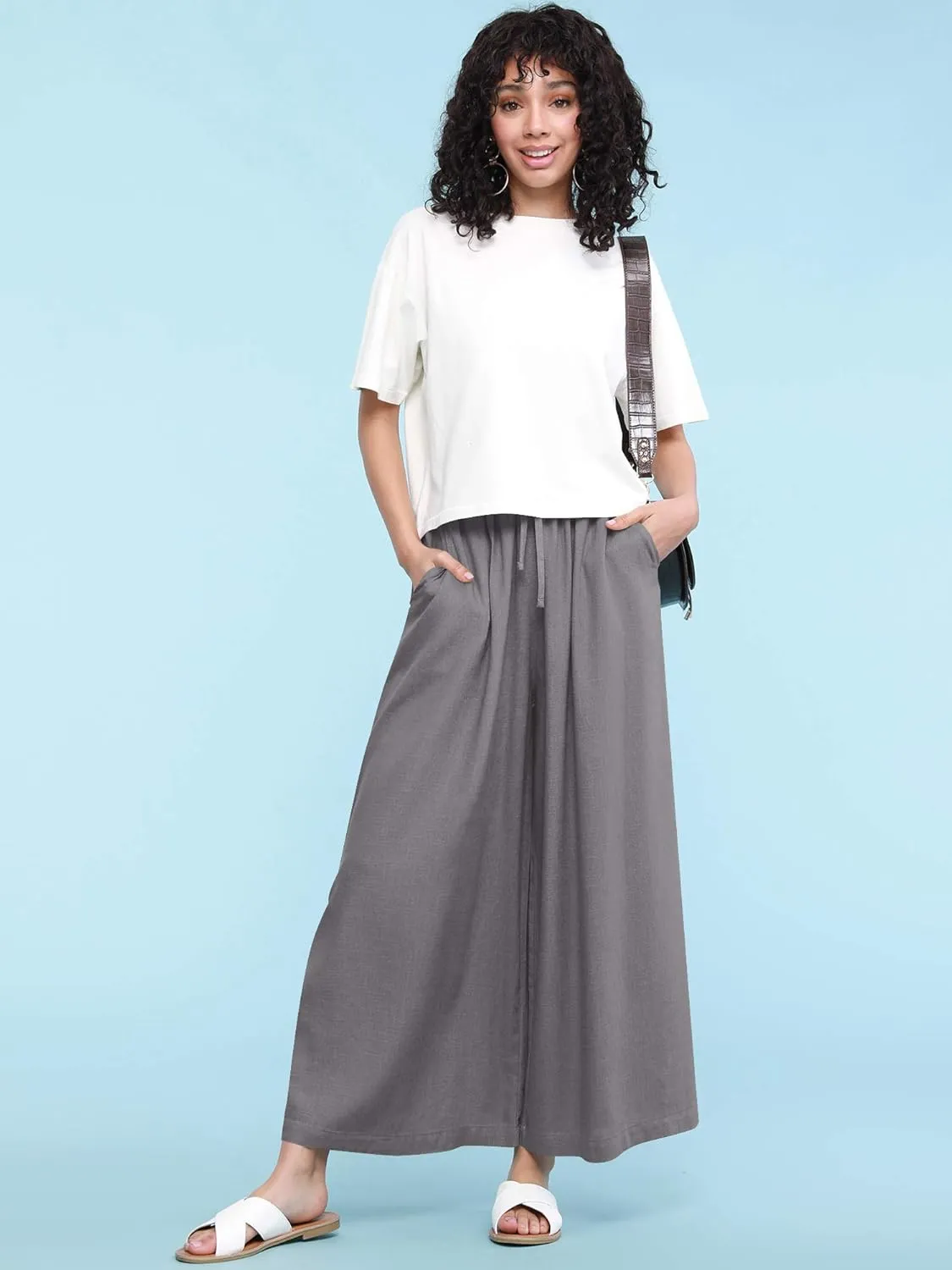 Lock and Love Women's Washed Linen Casual Loose Wide Leg Pants Pocket Pant with Draw String