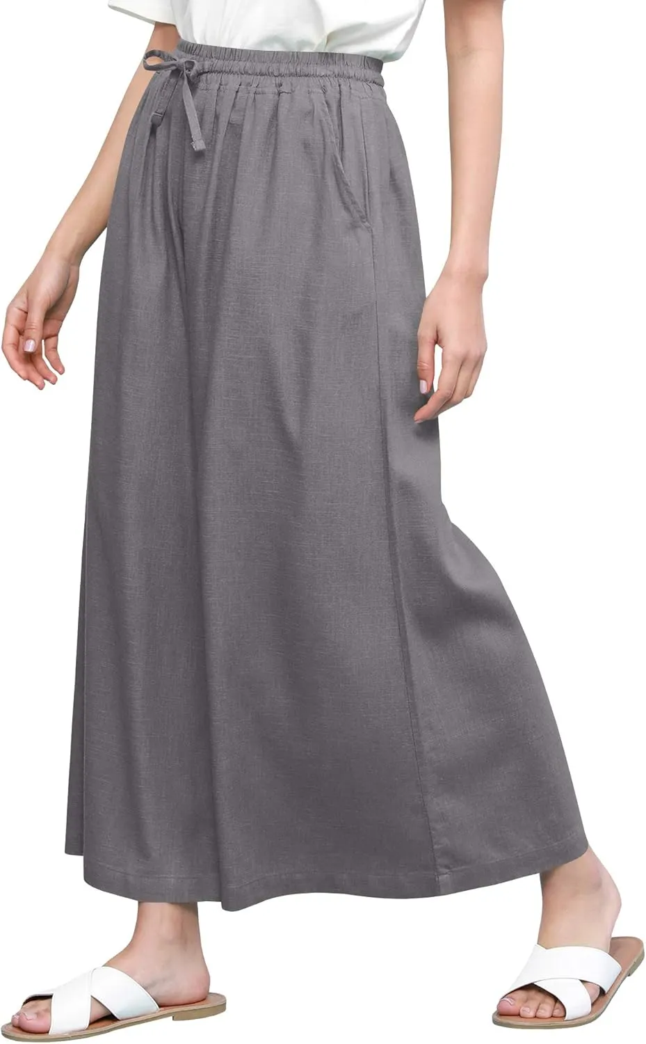Lock and Love Women's Washed Linen Casual Loose Wide Leg Pants Pocket Pant with Draw String