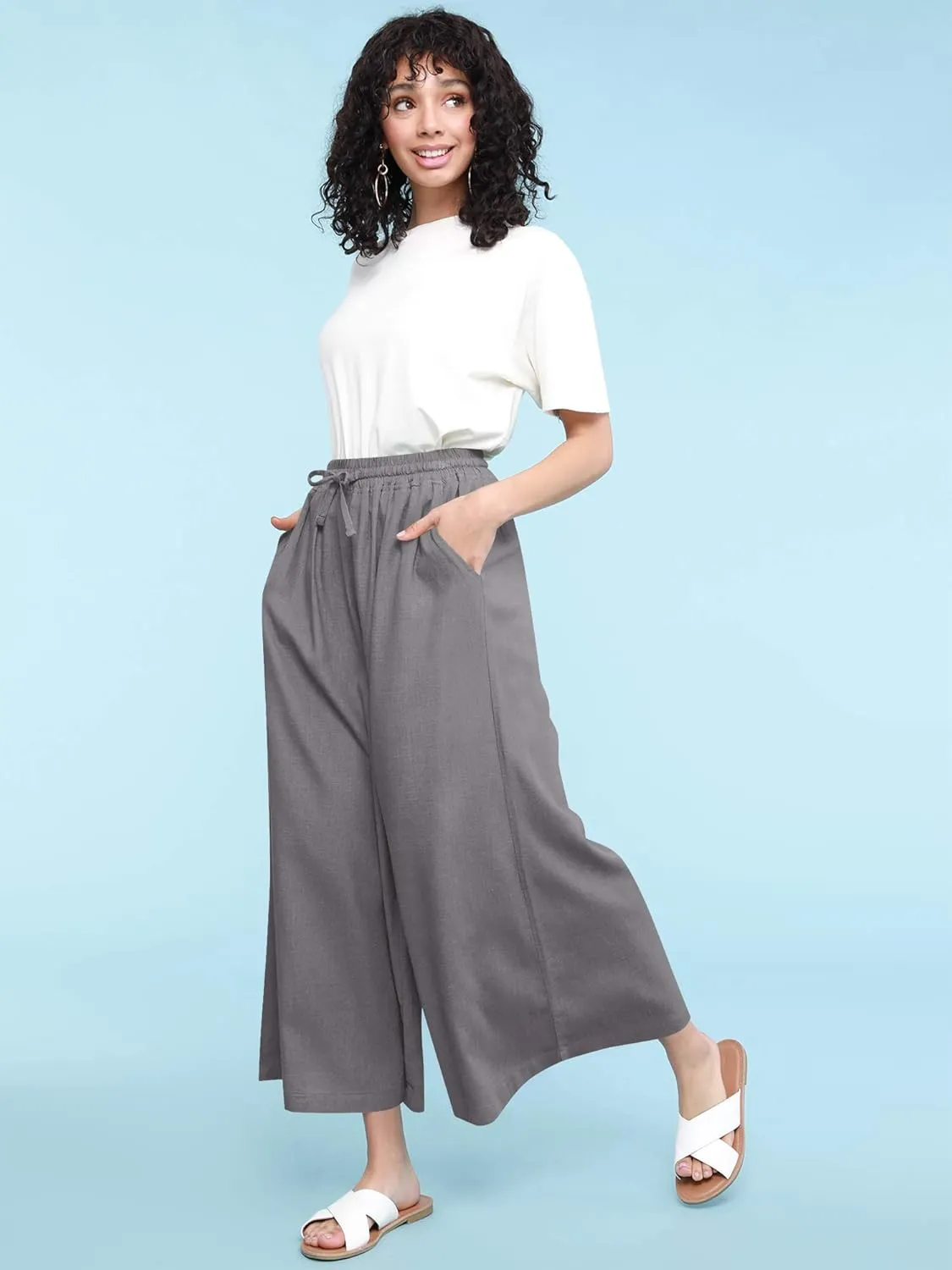Lock and Love Women's Washed Linen Casual Loose Wide Leg Pants Pocket Pant with Draw String