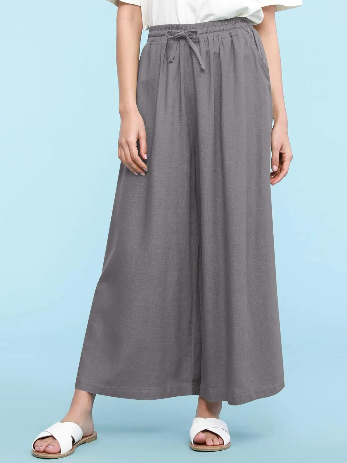 Lock and Love Women's Washed Linen Casual Loose Wide Leg Pants Pocket Pant with Draw String