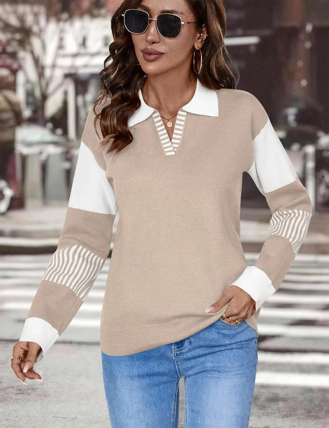 LOMON V Neck Long Sleeve Loose Sweaters Color Block Striped Knitted Pullover Jumper Tops