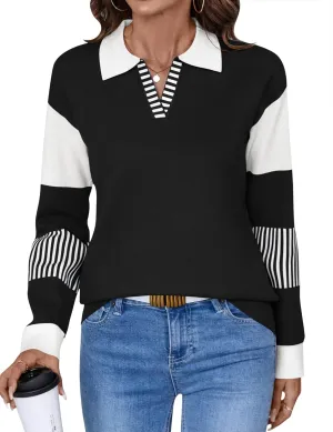 LOMON V Neck Long Sleeve Loose Sweaters Color Block Striped Knitted Pullover Jumper Tops