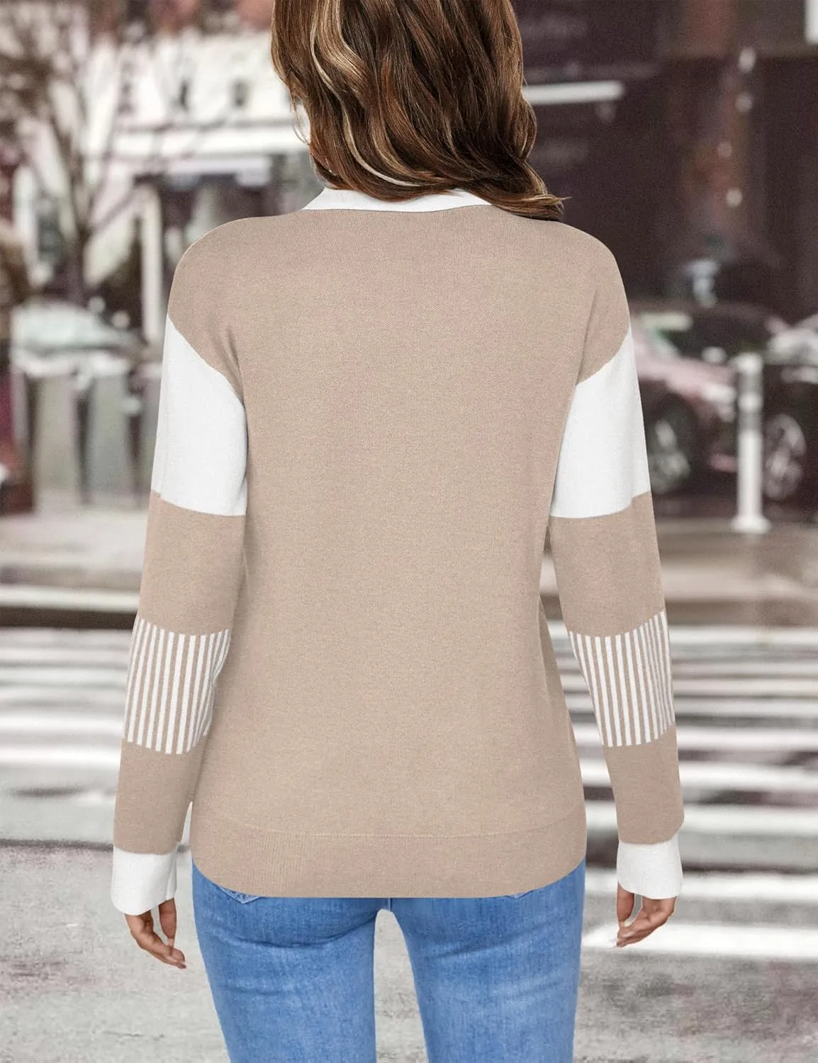 LOMON V Neck Long Sleeve Loose Sweaters Color Block Striped Knitted Pullover Jumper Tops