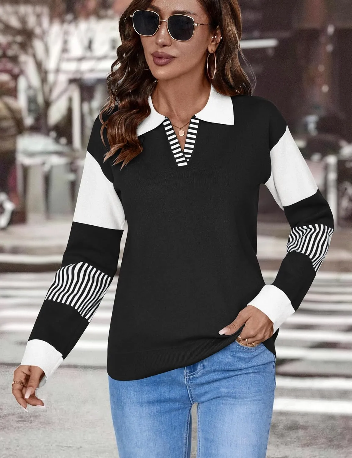 LOMON V Neck Long Sleeve Loose Sweaters Color Block Striped Knitted Pullover Jumper Tops