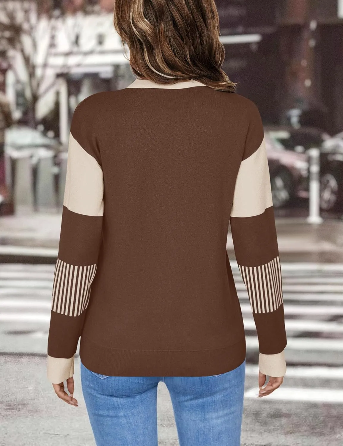 LOMON V Neck Long Sleeve Loose Sweaters Color Block Striped Knitted Pullover Jumper Tops