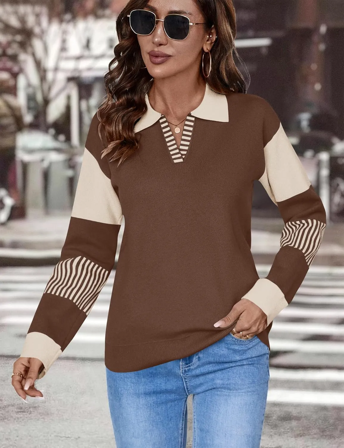 LOMON V Neck Long Sleeve Loose Sweaters Color Block Striped Knitted Pullover Jumper Tops