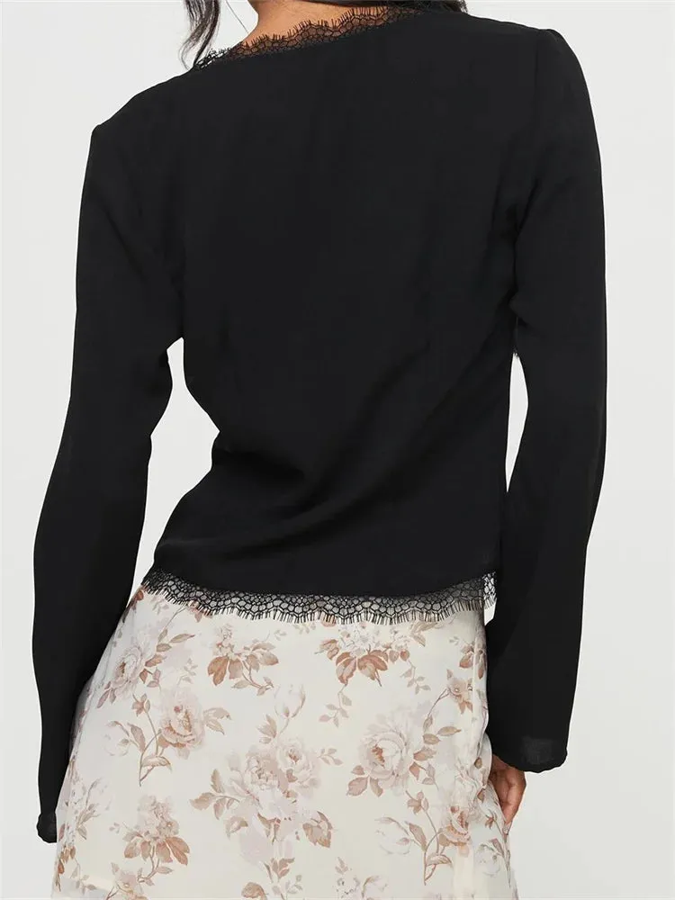 Long Sleeve Lace Trim Front Tie-up Crop Top Casual Cardigan Streetwear Blouse for Women
