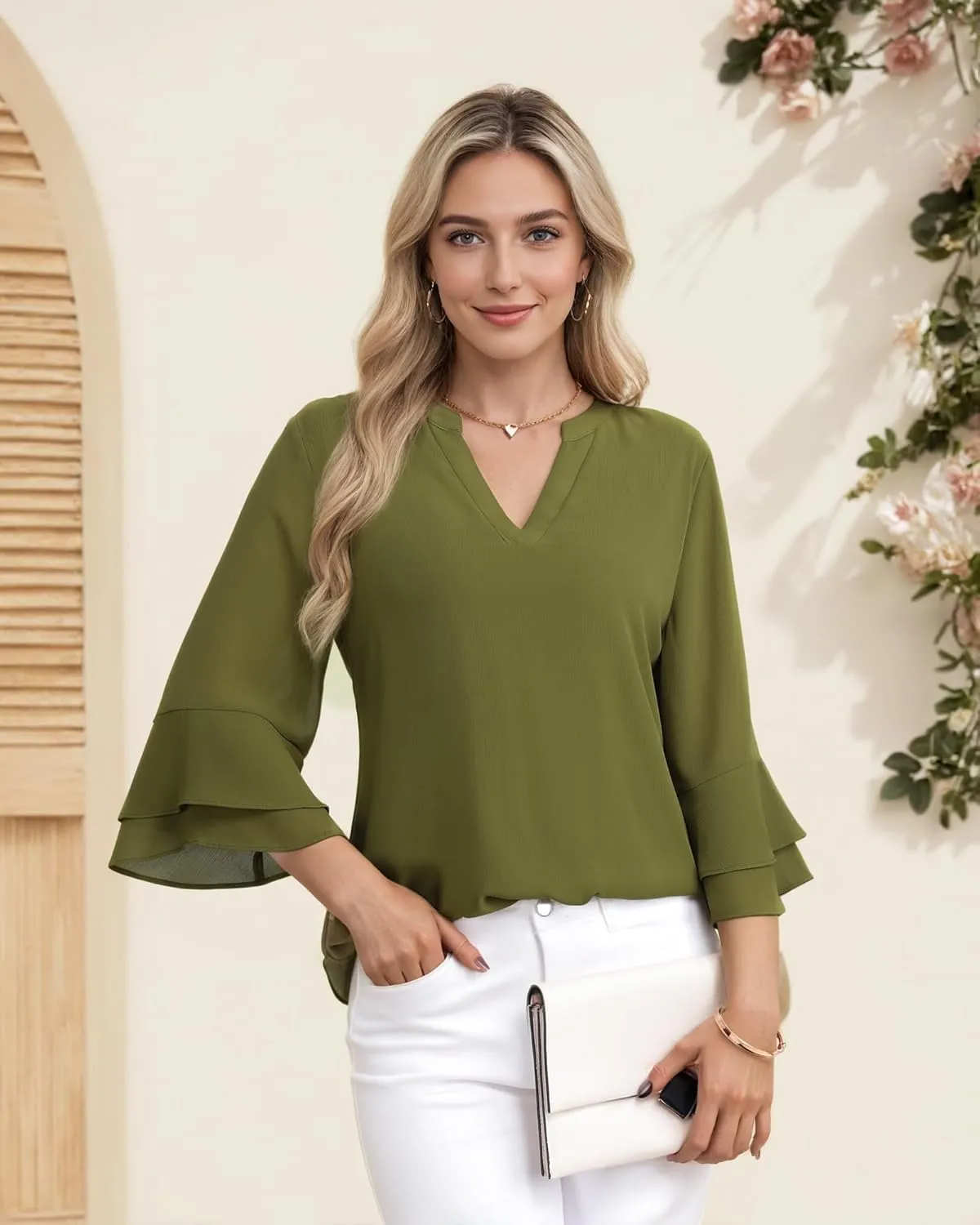 Lotusmile Womens Tops Dressy Casual 3/4 Tiered Bell Sleeve Blouses Double Layered Chiffon Work Tunic Shirts