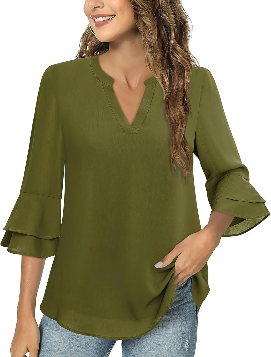 Lotusmile Womens Tops Dressy Casual 3/4 Tiered Bell Sleeve Blouses Double Layered Chiffon Work Tunic Shirts