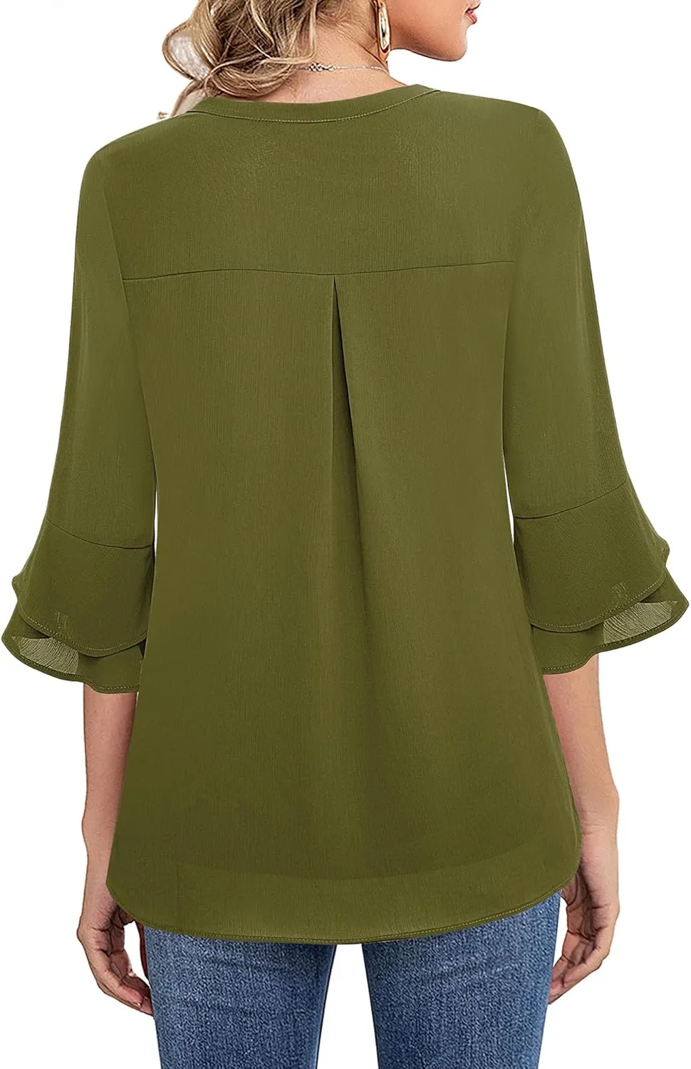 Lotusmile Womens Tops Dressy Casual 3/4 Tiered Bell Sleeve Blouses Double Layered Chiffon Work Tunic Shirts