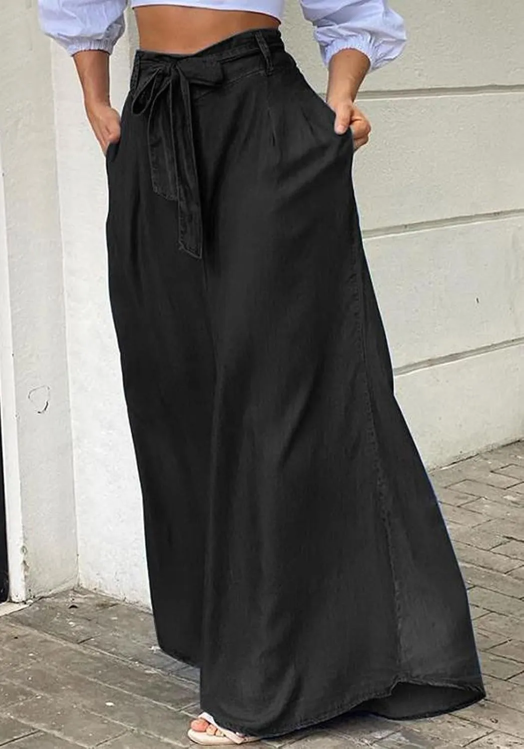loveimgs Women's Tie Front High Waist Denim Pants Pleated Flowy Wide Leg Jean Pants Trousers with Pockets