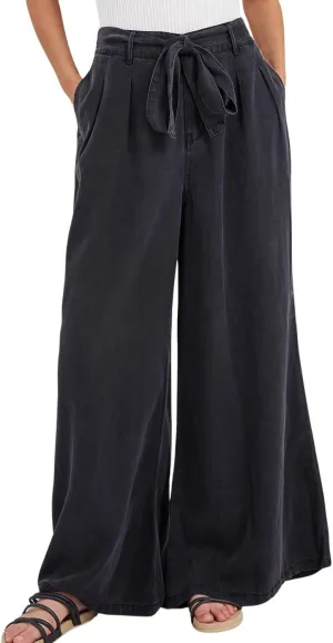 loveimgs Women's Tie Front High Waist Denim Pants Pleated Flowy Wide Leg Jean Pants Trousers with Pockets