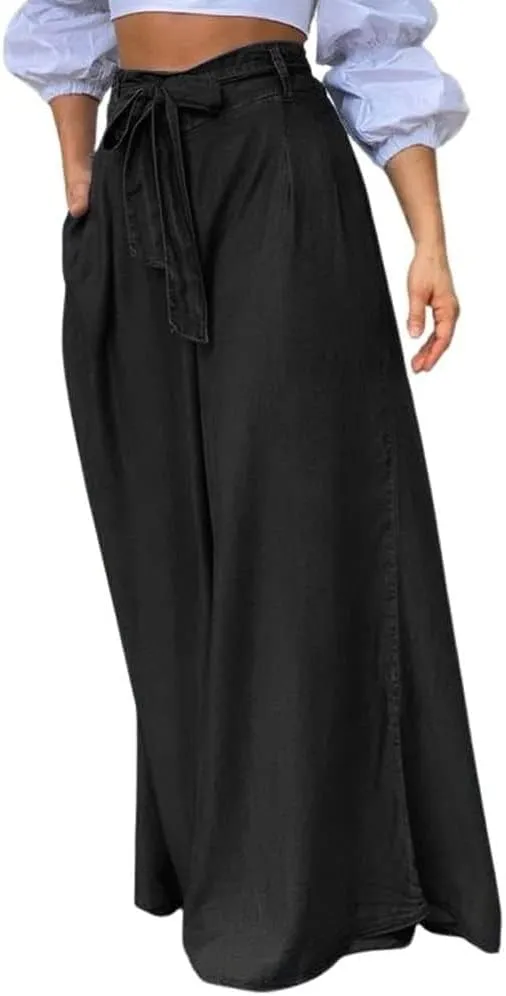 loveimgs Women's Tie Front High Waist Denim Pants Pleated Flowy Wide Leg Jean Pants Trousers with Pockets