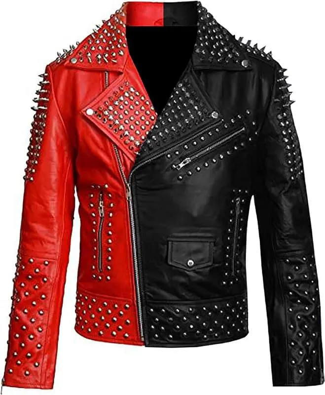 LP-FACON Mens Spike Motorcycle Punk Rock World Studded Retro Multicolor Biker Leather Jacket