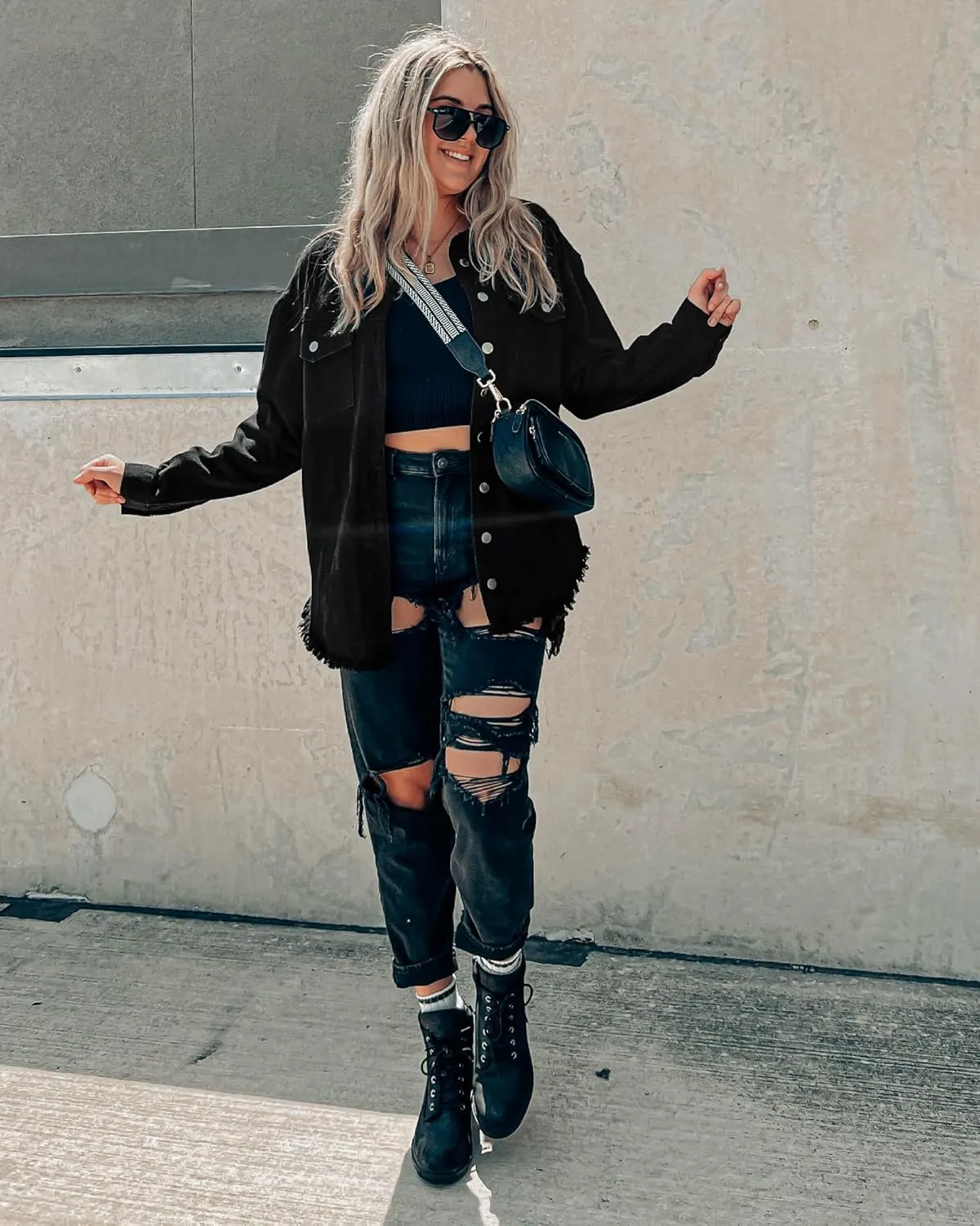luvamia Denim Jacket for Women Oversized Button Down Casual Jean Shacket Jackets Long Sleeve Frayed Hem Western Trendy