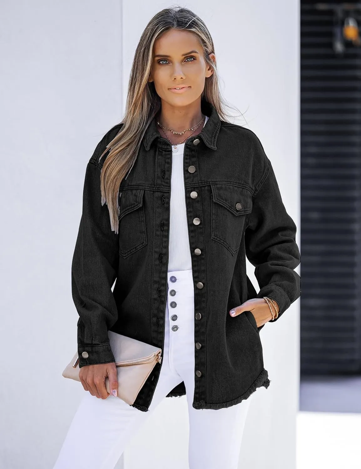 luvamia Denim Jacket for Women Oversized Button Down Casual Jean Shacket Jackets Long Sleeve Frayed Hem Western Trendy
