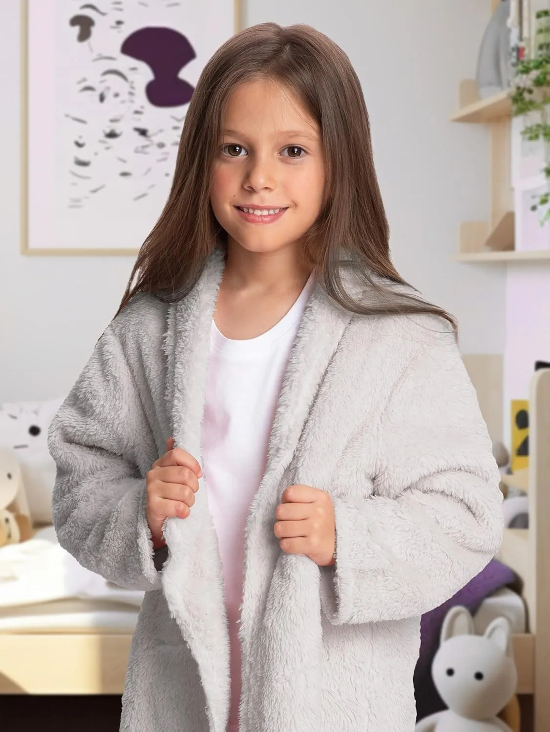 Mad Dog Sherpa Fleece Cardigans for Girls 5-12 Y, Cozy Kids Winter Fall Sweater Coats, Long Jacket for Home & Outdoor Wear