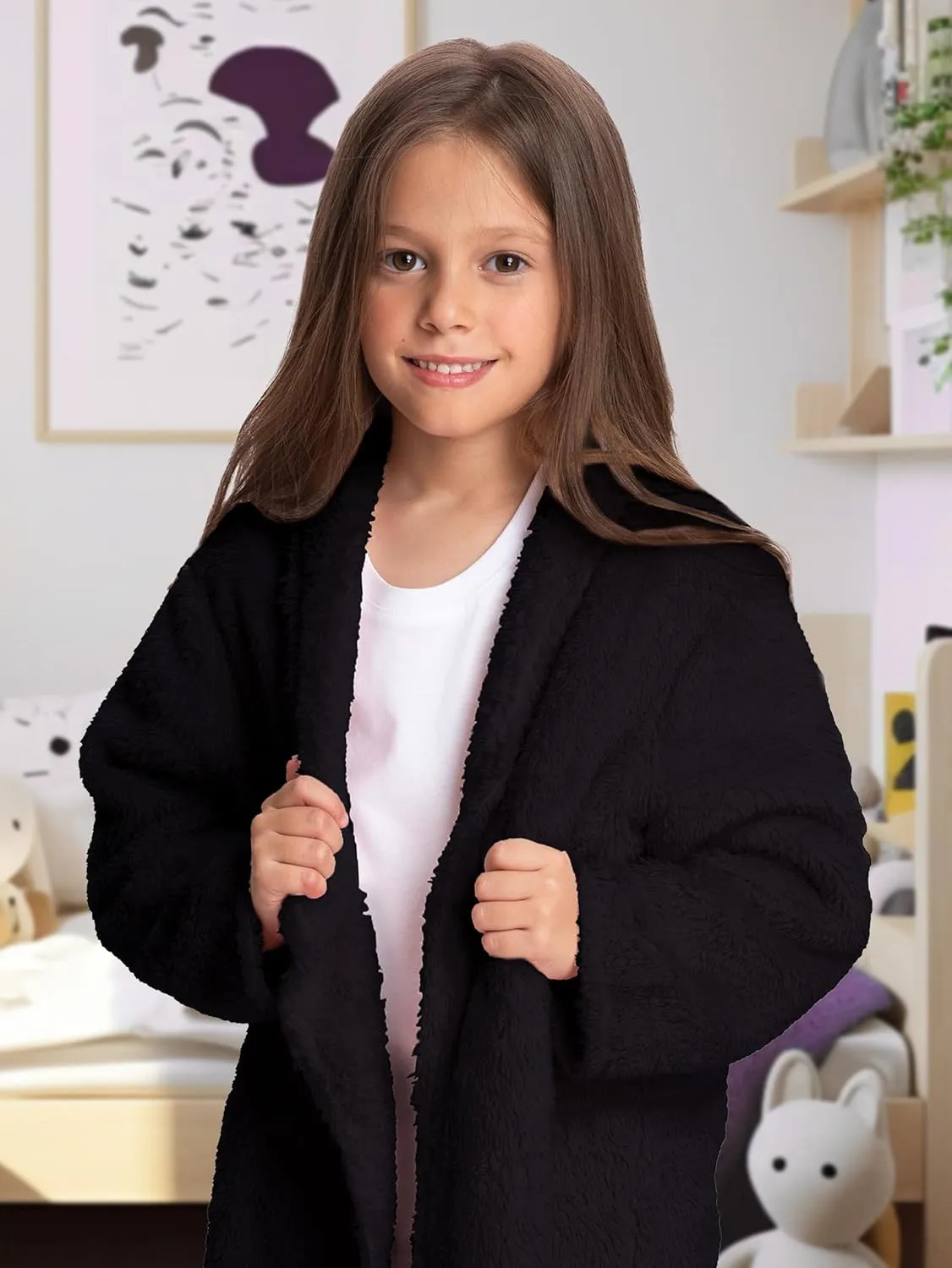 Mad Dog Sherpa Fleece Cardigans for Girls 5-12 Y, Cozy Kids Winter Fall Sweater Coats, Long Jacket for Home & Outdoor Wear