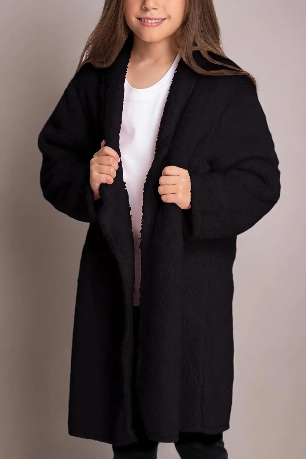 Mad Dog Sherpa Fleece Cardigans for Girls 5-12 Y, Cozy Kids Winter Fall Sweater Coats, Long Jacket for Home & Outdoor Wear