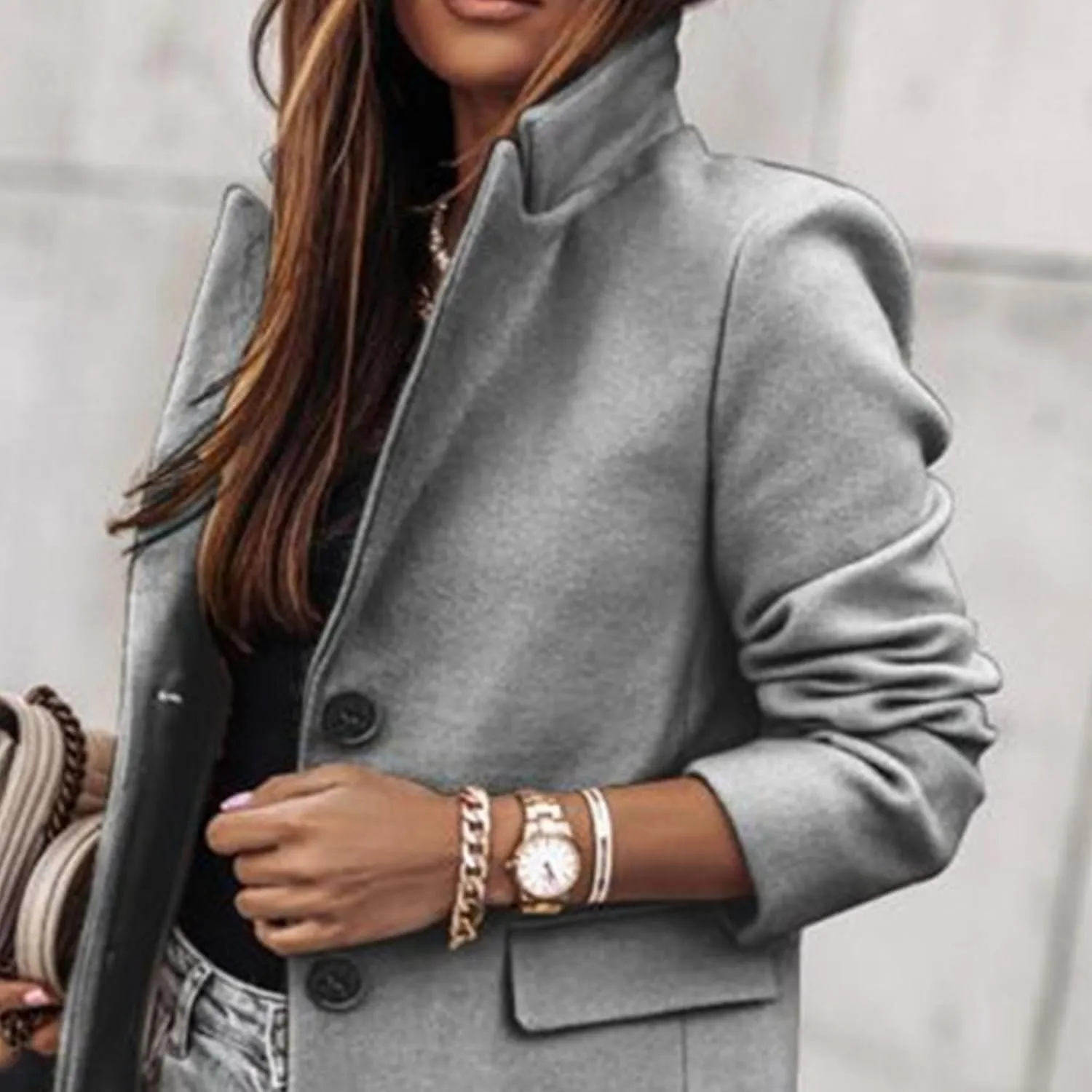 Maiyifu-GJ Women's Elegant Notch Lapel Wool Blend Trench Coats Winter Mid Long Single Breasted Coat Overcoat Outerwear