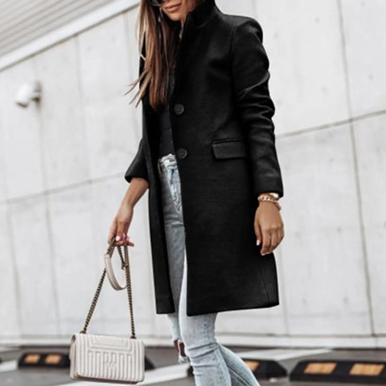 Maiyifu-GJ Women's Elegant Notch Lapel Wool Blend Trench Coats Winter Mid Long Single Breasted Coat Overcoat Outerwear