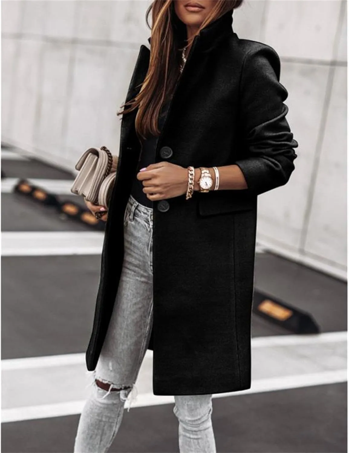 Maiyifu-GJ Women's Elegant Notch Lapel Wool Blend Trench Coats Winter Mid Long Single Breasted Coat Overcoat Outerwear